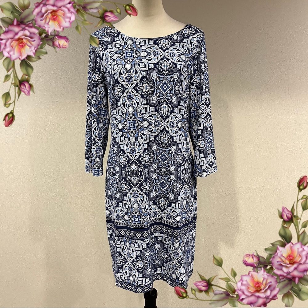 Apt. 9 Navy and White Long Sleeve knee length Dress‎ size large